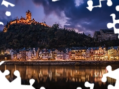 vessels, Houses, City of Cochem, Moselle River, Reichsburg Castle, light, Germany