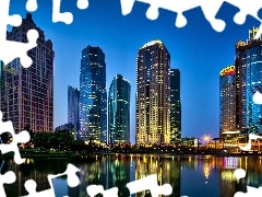 Night, China, light, Town, Szanghaj, River, skyscraper