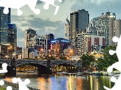 skyscrapers, bridge, River, clouds