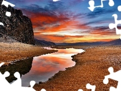 clouds, west, River, steppe, Mountains, sun