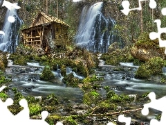 River, Stones, waterfalls, Windmill, forest