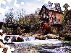 River, Stones, Windmill, bridge, Old car