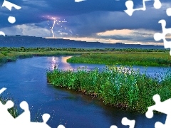 storm, lightning, River, clouds