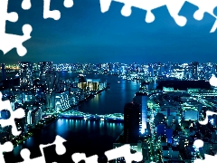 clouds, skyscrapers, River, Sumida, panorama, town, Tokio, nigh, bridge