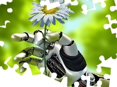 Robot, 3D, Margarytka, hand, Flower