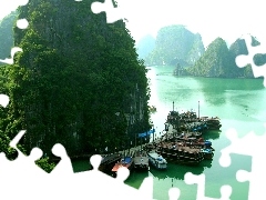 rocks, boats, Halong, Thailand, Gulf