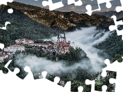 rocks, Fog, Mountains, woods, Castle