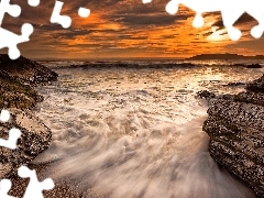 sea, Waves, rocks, Great Sunsets