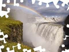 waterfall, Sky, rocks, Great Rainbows