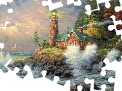 maritime, sea, Home, Thomas Kinkade, rocks, Lighthouse