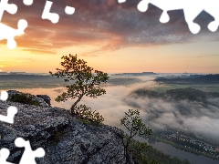 Rocks, Mountains, trees, pine, Sunrise, clouds, Houses, Fog, River