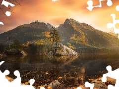 trees, viewes, Germany, Alps Mountains, Bavaria, rocks, Lake Hintersee, Great Sunsets