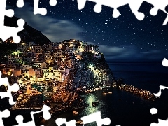 Gulf, Manarola, rocks, Night, sea, Italy