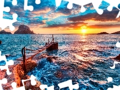 rocks, pier, west, sun, sea