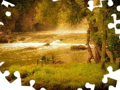 River, Fog, rocks, forest