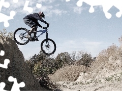 rocks, Sky, trees, viewes, Bike