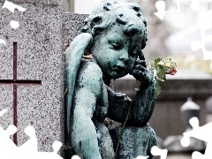 cemetery, angel, rose, statuette