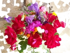 bouquet, peas, roses, flowers