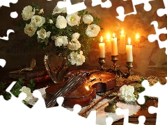 roses, Flowers, bouquet, Vase, Watch, composition, Candles, Books, violin