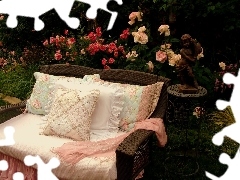 garden, pillows, roses, Sofa