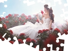 Women, Dress, roses, White