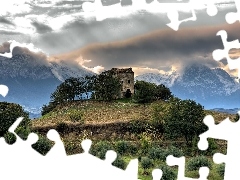 ruin, Hill, clouds