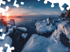 Sunrise, rocks, Seaside, dawn, Japanese Sea, winter, Russia