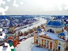 Town, snow, Russia, River