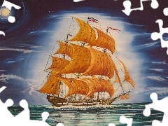 moon, sea, sailing vessel