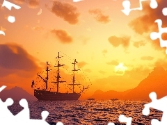 west, sea, sailing vessel, sun