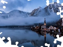 Salzburg Slate Alps, Hallstatt, Houses, Mountains, Austria, Hallstattersee Lake, Fog