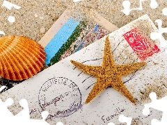 Postcards, starfish, Sand, shell