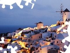 santorini, Greece, Houses, Night, Windmills