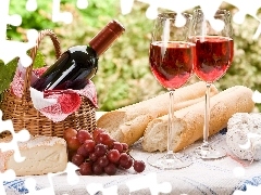 roll, Bottle, sausage, Grapes, cheese, Wines