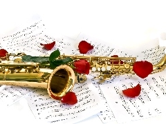 Tunes, rouge, saxophone, flakes