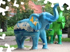 blue, Elephant, sculpture, Green
