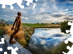 sculpture, Human, lake, grass, Mountains