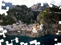 Atrani, Mountains, sea, Town