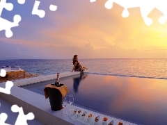 Hotel hall, Pool, west, Champagne, Women, sea, sun