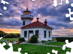 sea, clouds, maritime, Flowers, Lighthouse