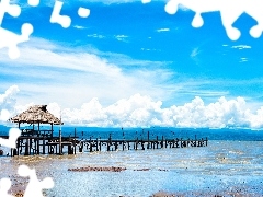 sea, pier, clouds