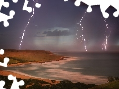 sea, lightning, Coast