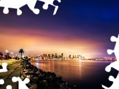 sea, Coast, light, Pavement, Night, San Diego, USA, Bench