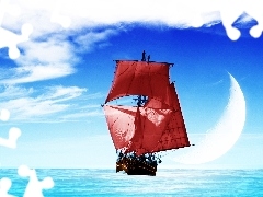 sea, Sky, Red, sails, sailing vessel