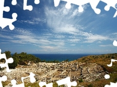 trees, remains, sea, Sky, viewes, ruin