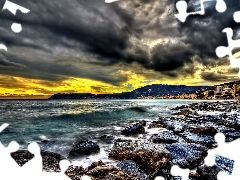 sea, Stones, sun, Mountains, west