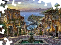 Street, fountain, sea, Houses