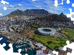 Town, Stadium, sea, Mountains