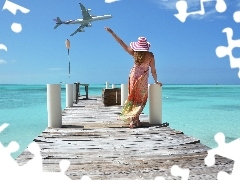 sea, Tropical, pier, plane, Women