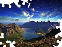 sea, VEGETATION, clouds, Mountains, Lofoten